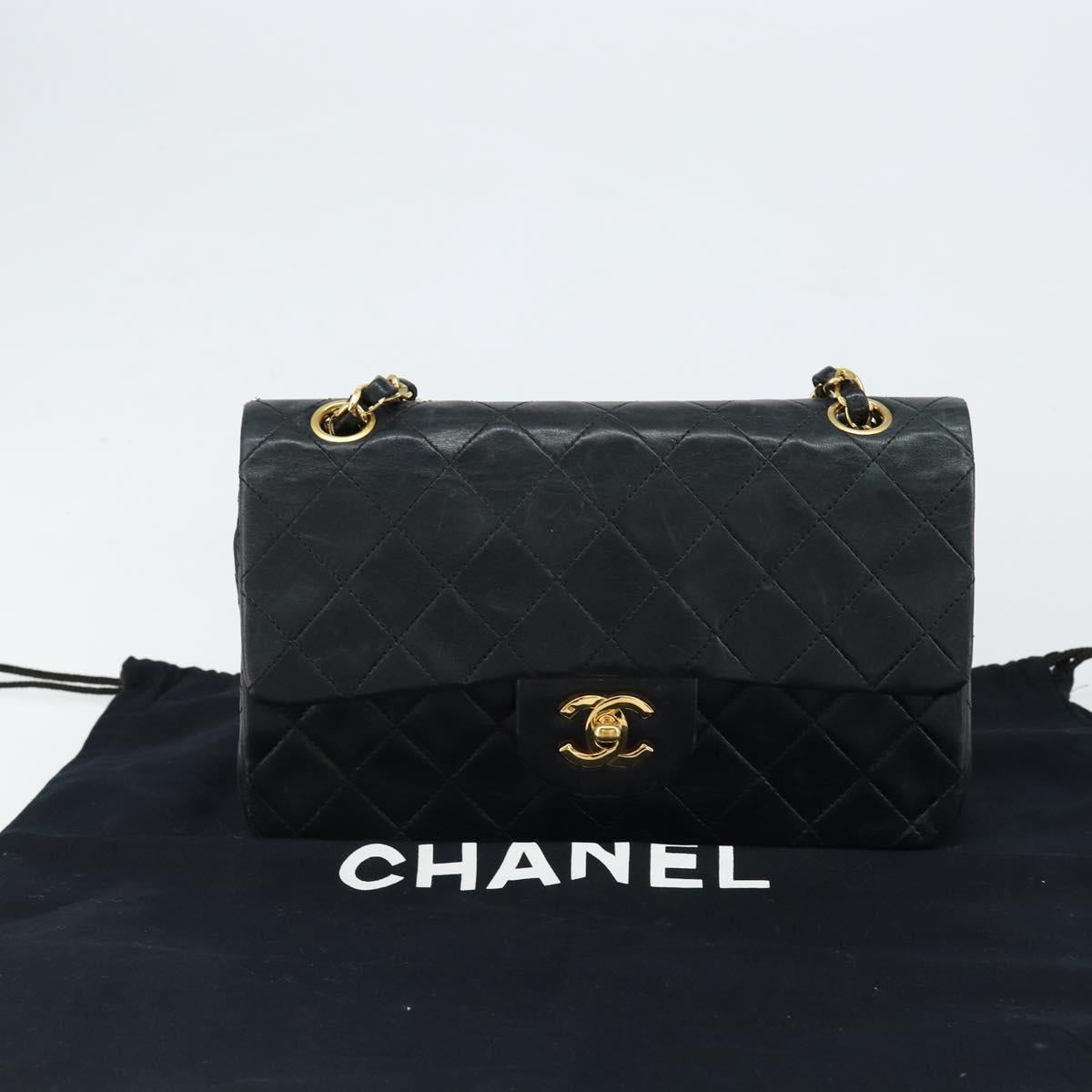 CHANEL Matelasse 23 Chain Shoulder Bag Lamb Skin Black Gold CC Auth 143662AV