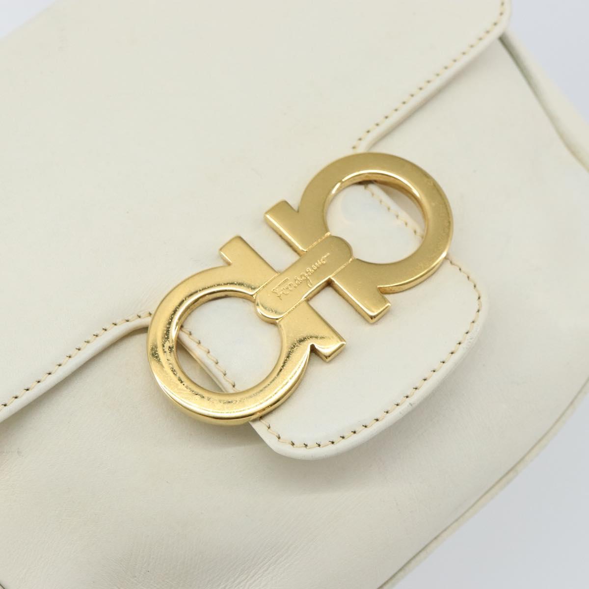 Salvatore Ferragamo Gancini Chain Shoulder Bag Leather White Gold Auth 143667