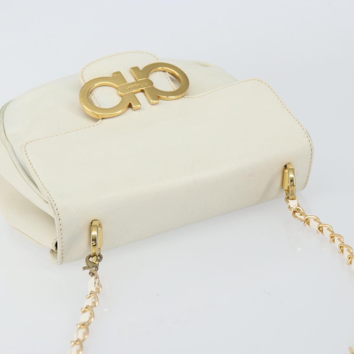 Salvatore Ferragamo Gancini Chain Shoulder Bag Leather White Gold Auth 143667