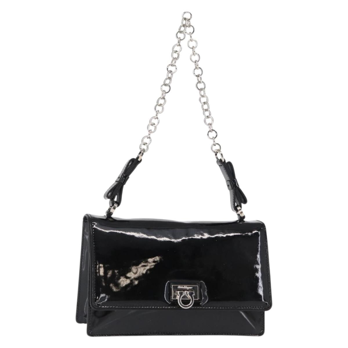 Salvatore Ferragamo Chain Gancini Shoulder Bag Enamel Black Silver Auth 143669