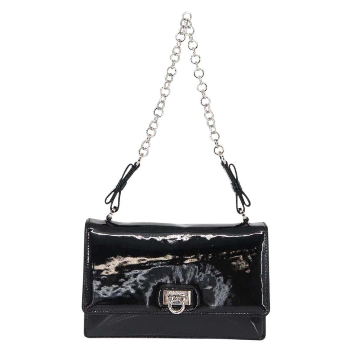 Salvatore Ferragamo Chain Gancini Shoulder Bag Enamel Black Silver Auth 143669
