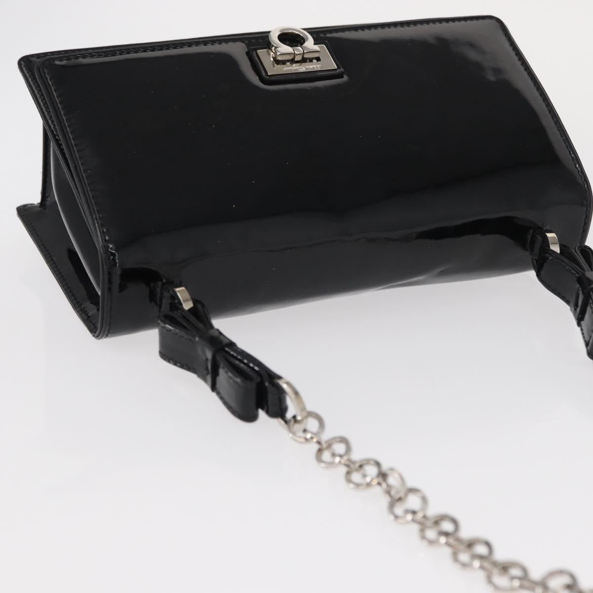 Salvatore Ferragamo Chain Gancini Shoulder Bag Enamel Black Silver Auth 143669
