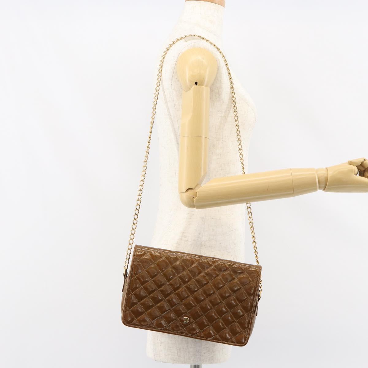 BALLY Chain Shoulder Bag Enamel Brown Gold Auth 143674
