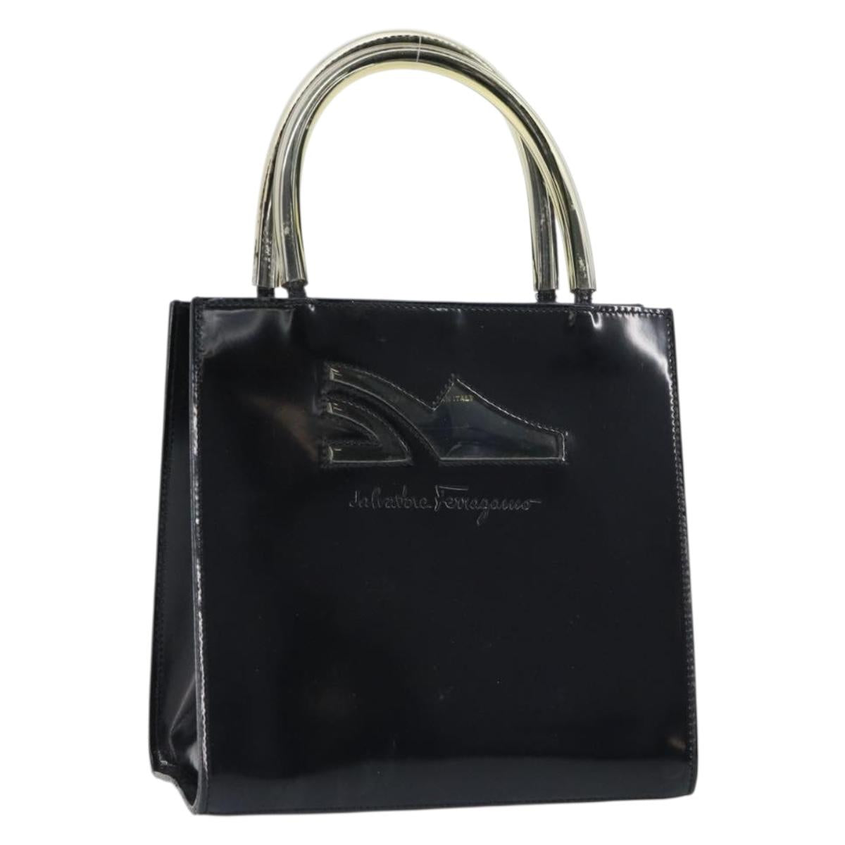 Salvatore Ferragamo Hand Bag Enamel Black Gold Auth 143675