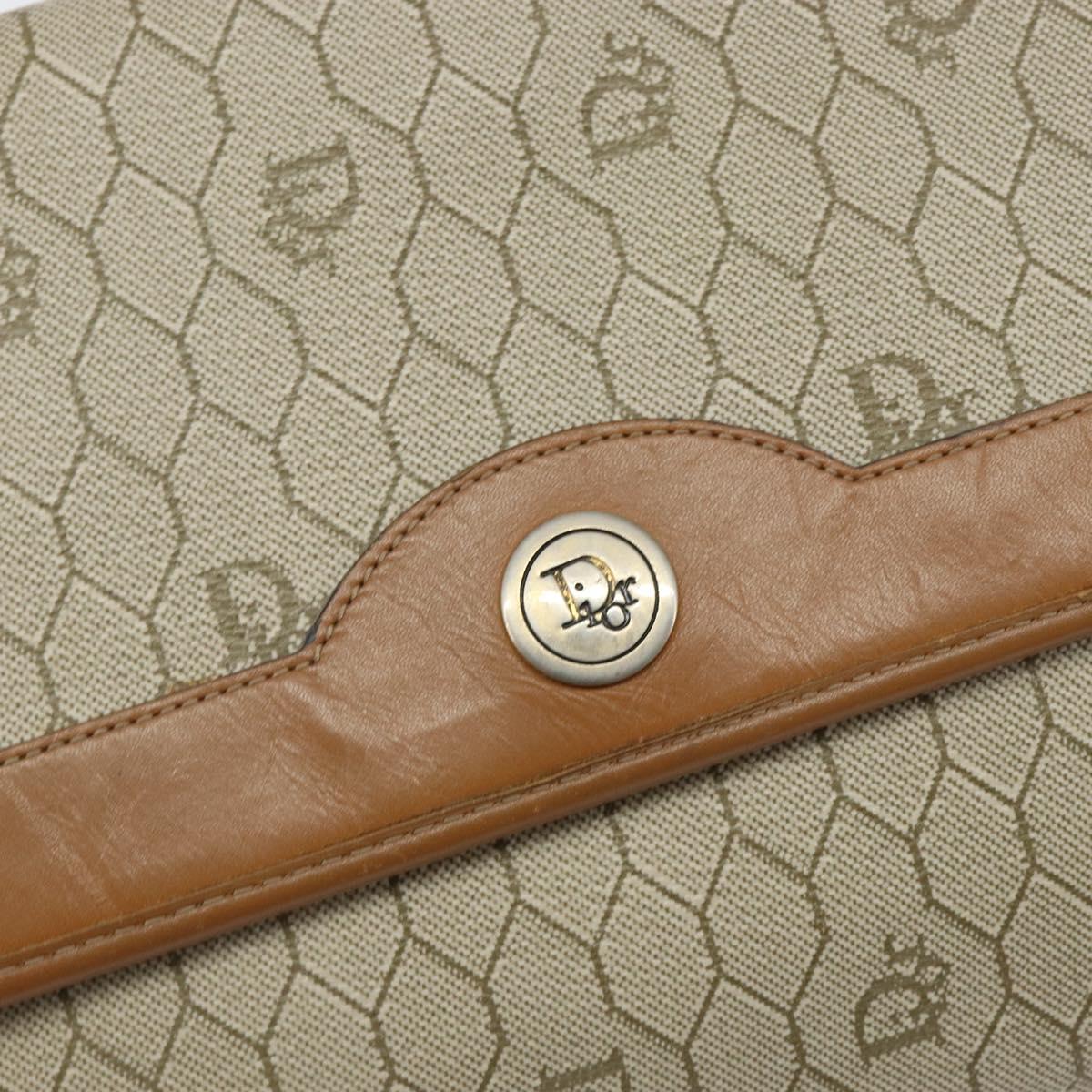 Christian Dior Honeycomb Canvas Chain Shoulder Bag PVC Beige Gold Auth 143712