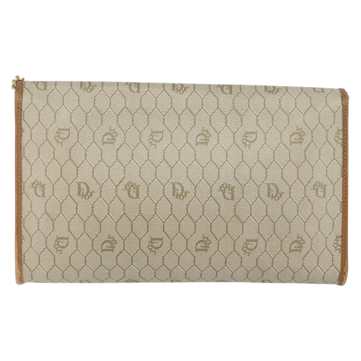 Christian Dior Honeycomb Canvas Chain Shoulder Bag PVC Beige Gold Auth 143712