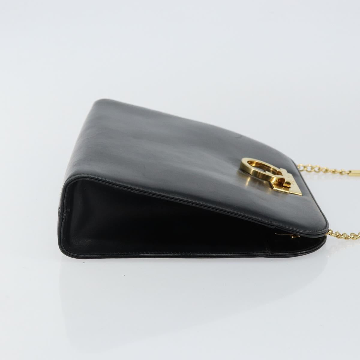 Salvatore Ferragamo Gancini Chain Shoulder Bag Leather Black Gold Auth 143759