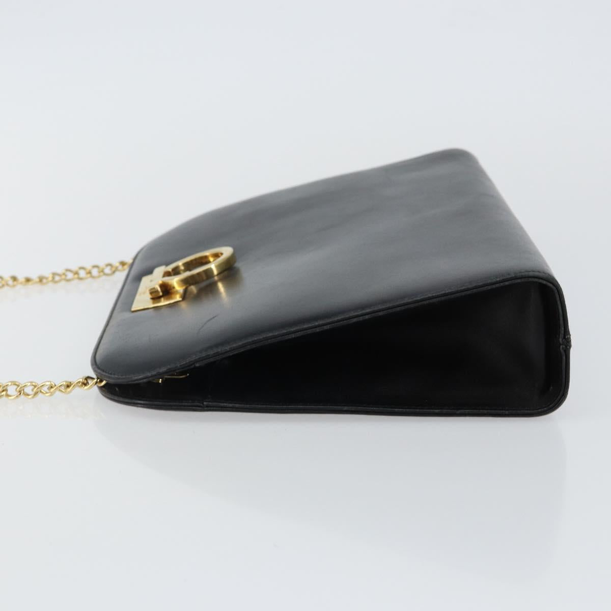 Salvatore Ferragamo Gancini Chain Shoulder Bag Leather Black Gold Auth 143759