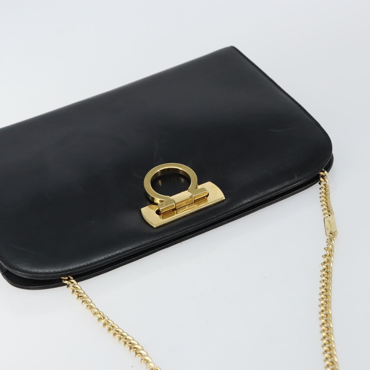 Salvatore Ferragamo Gancini Chain Shoulder Bag Leather Black Gold Auth 143759