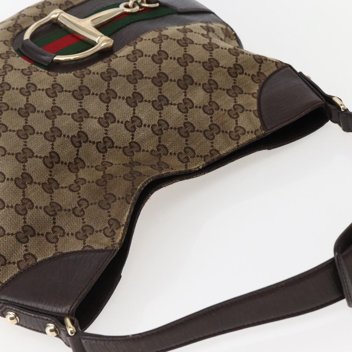 GUCCI GG Canvas Web Sherry Line Horsebit Bag Beige Gold 137386 Auth 143773