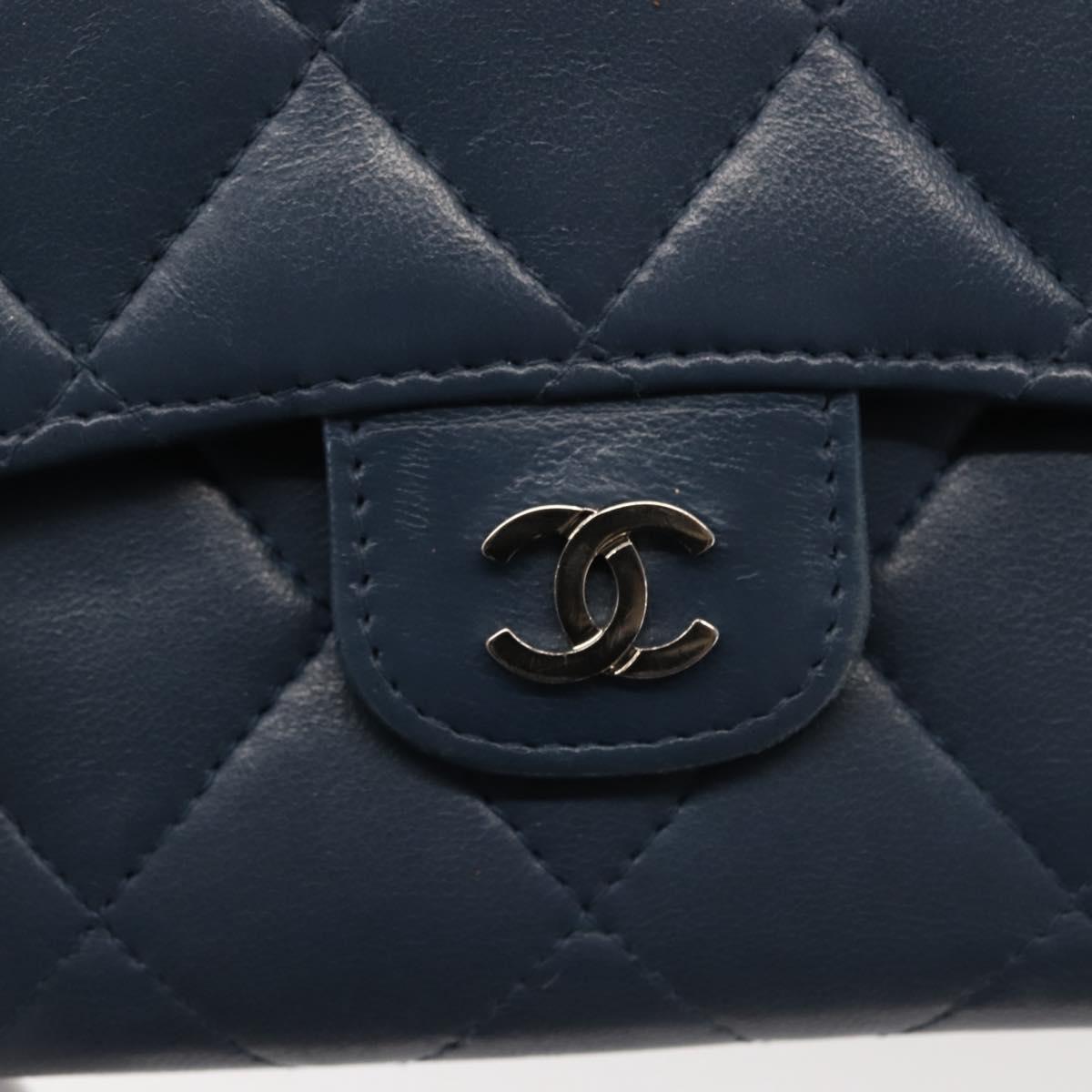 CHANEL Matelasse Wallet Lamb Skin Navy Silver CC Auth 143795