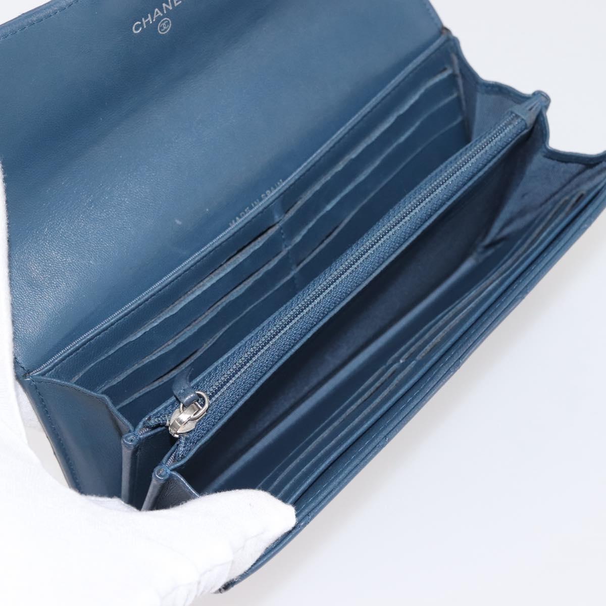 CHANEL Matelasse Wallet Lamb Skin Navy Silver CC Auth 143795