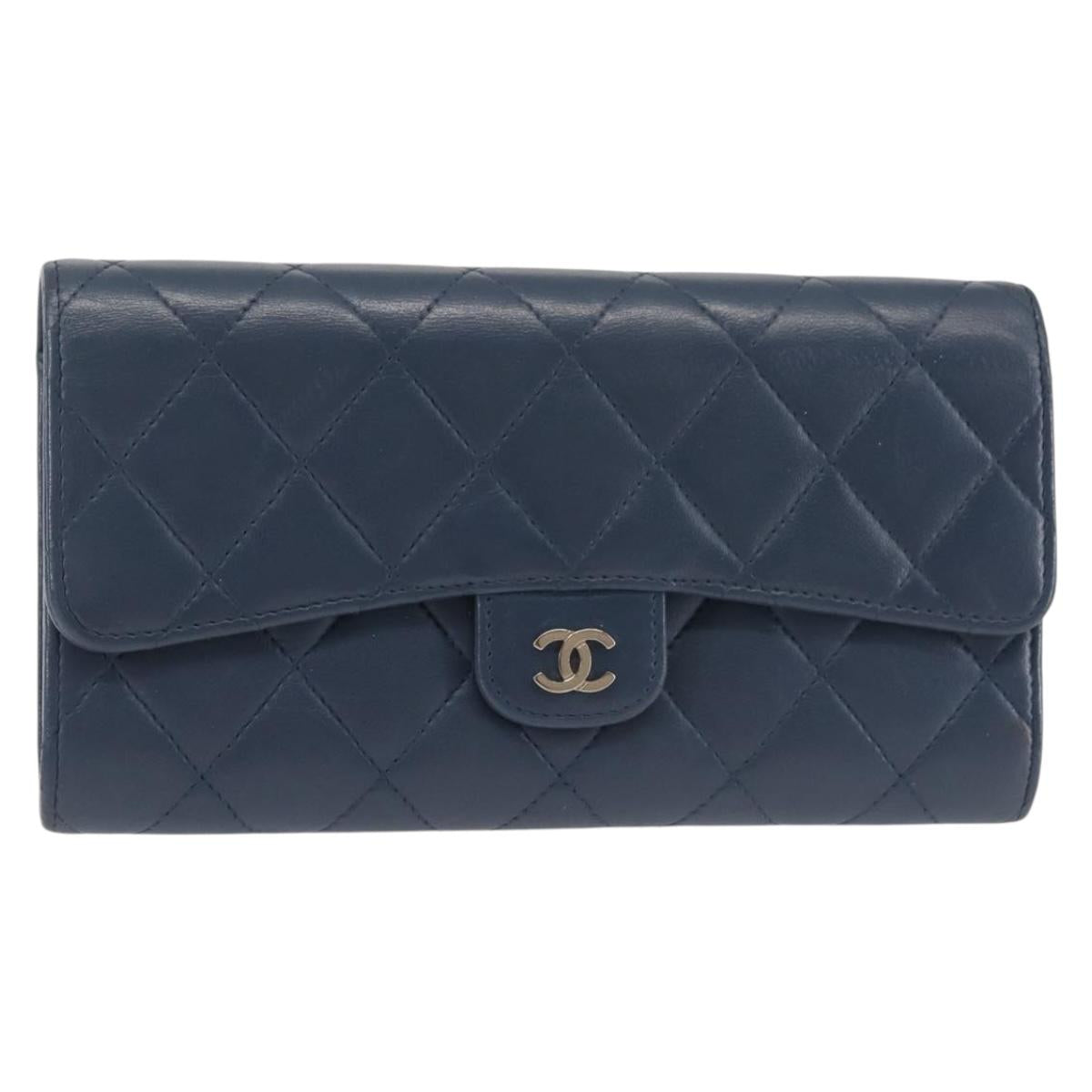 CHANEL Matelasse Wallet Lamb Skin Navy Silver CC Auth 143795