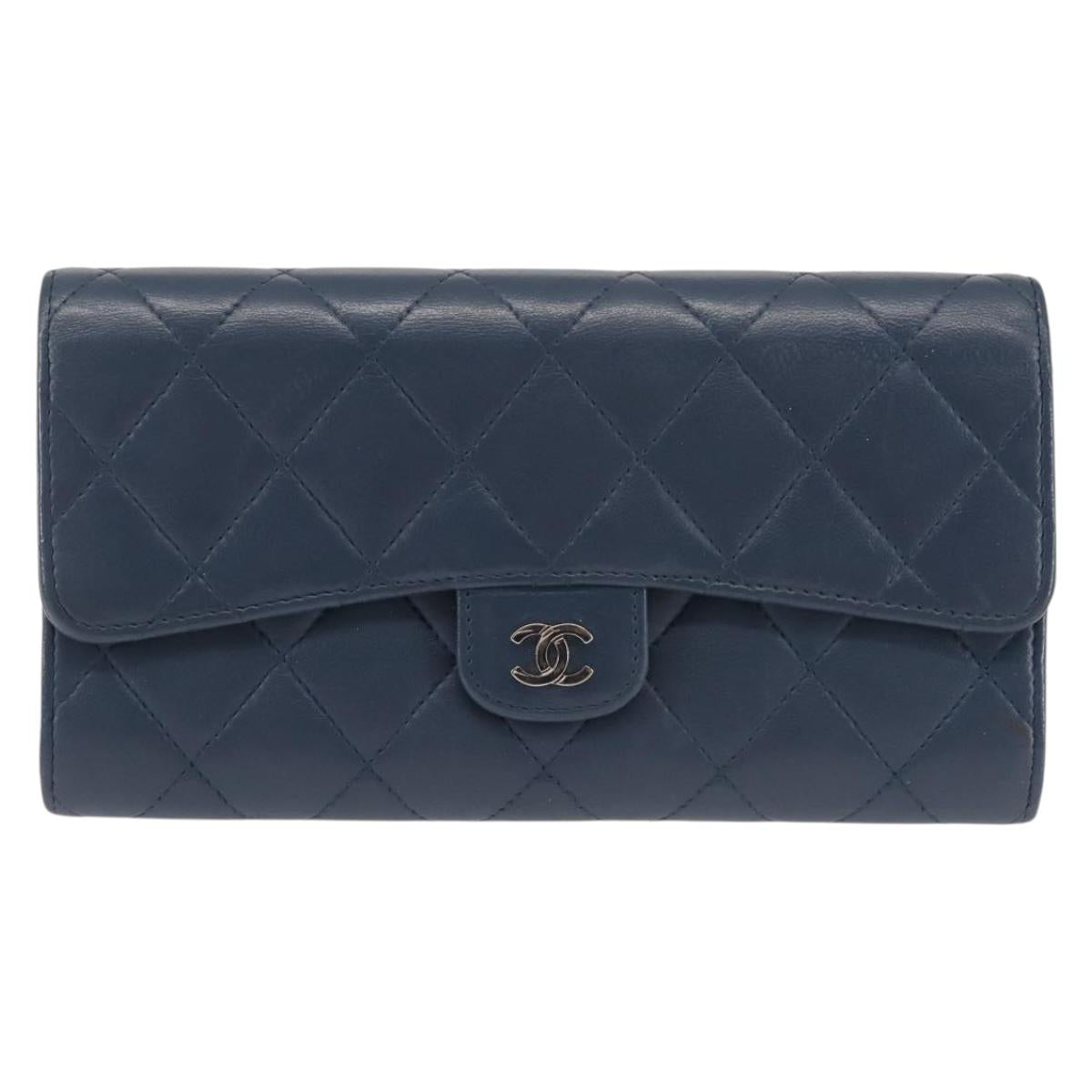 CHANEL Matelasse Wallet Lamb Skin Navy Silver CC Auth 143795