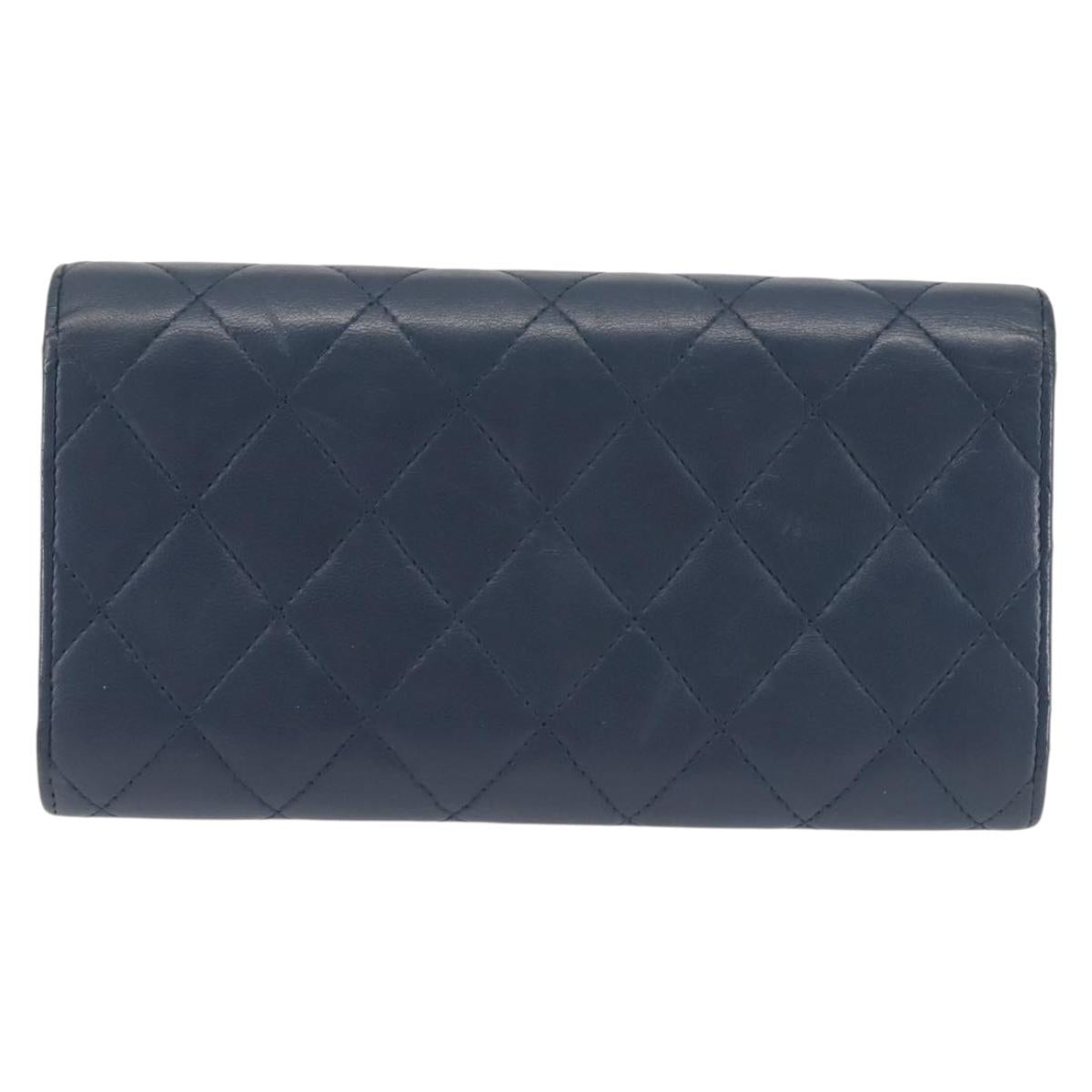 CHANEL Matelasse Wallet Lamb Skin Navy Silver CC Auth 143795