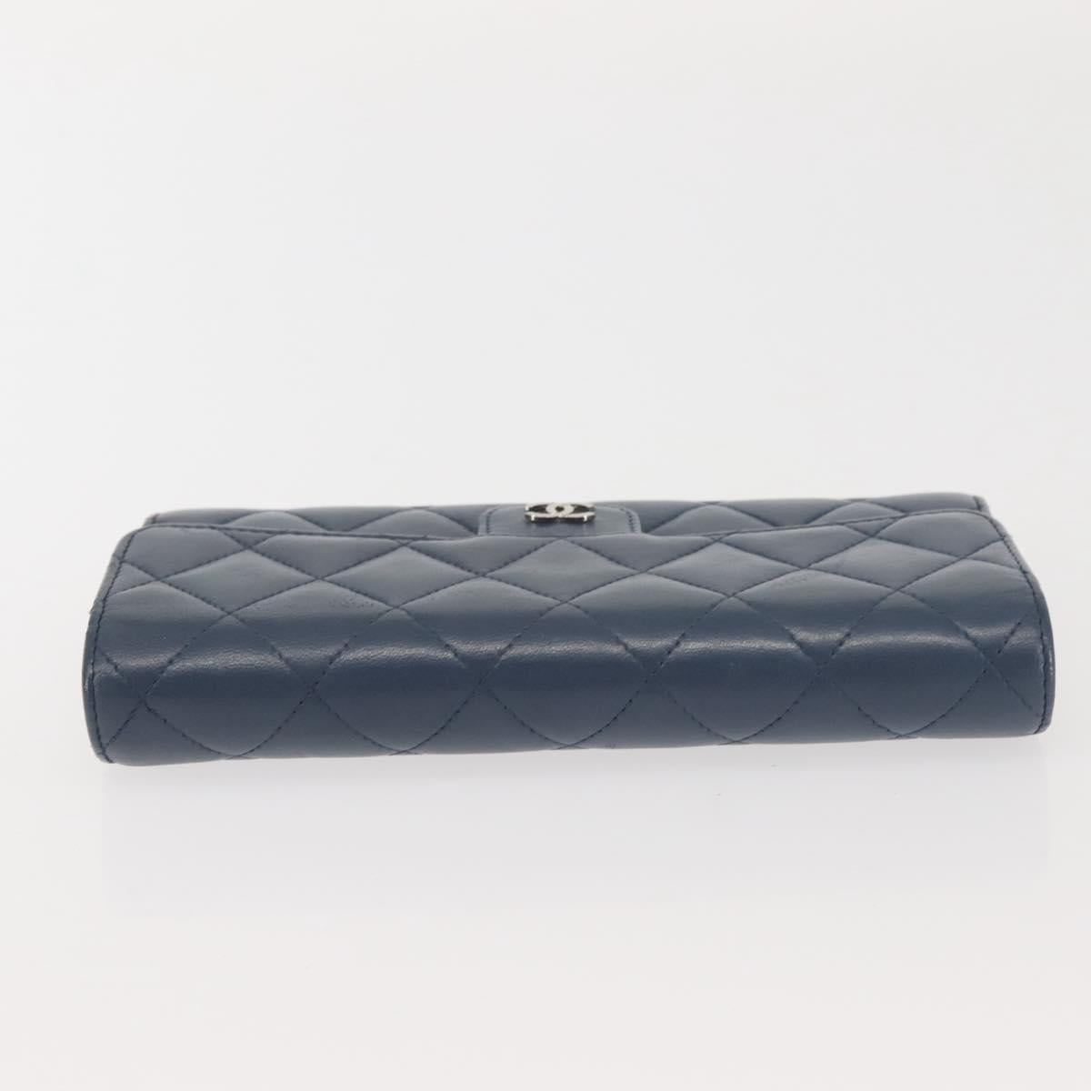 CHANEL Matelasse Wallet Lamb Skin Navy Silver CC Auth 143795