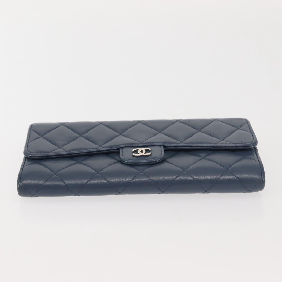 CHANEL Matelasse Wallet Lamb Skin Navy Silver CC Auth 143795