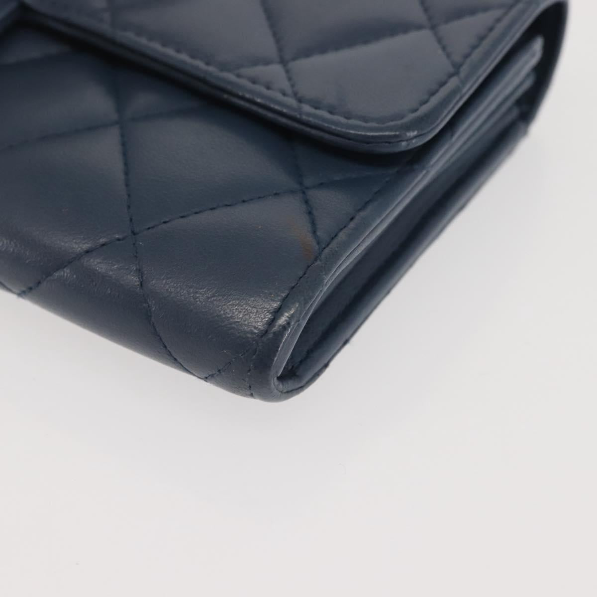 CHANEL Matelasse Wallet Lamb Skin Navy Silver CC Auth 143795