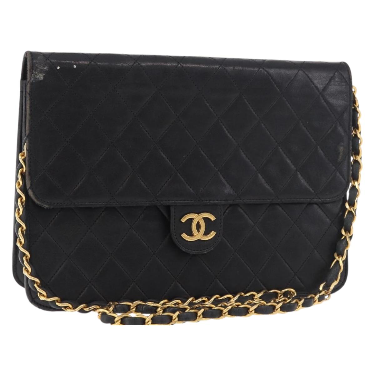 CHANEL Chain Shoulder Bag Lamb Skin Black Gold CC Auth 143810