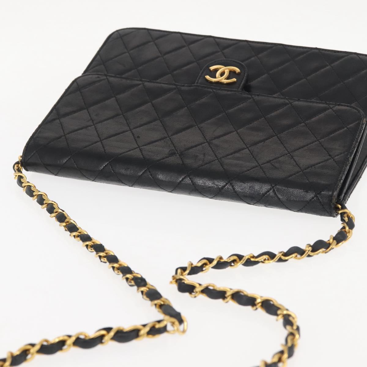 CHANEL Chain Shoulder Bag Lamb Skin Black Gold CC Auth 143810