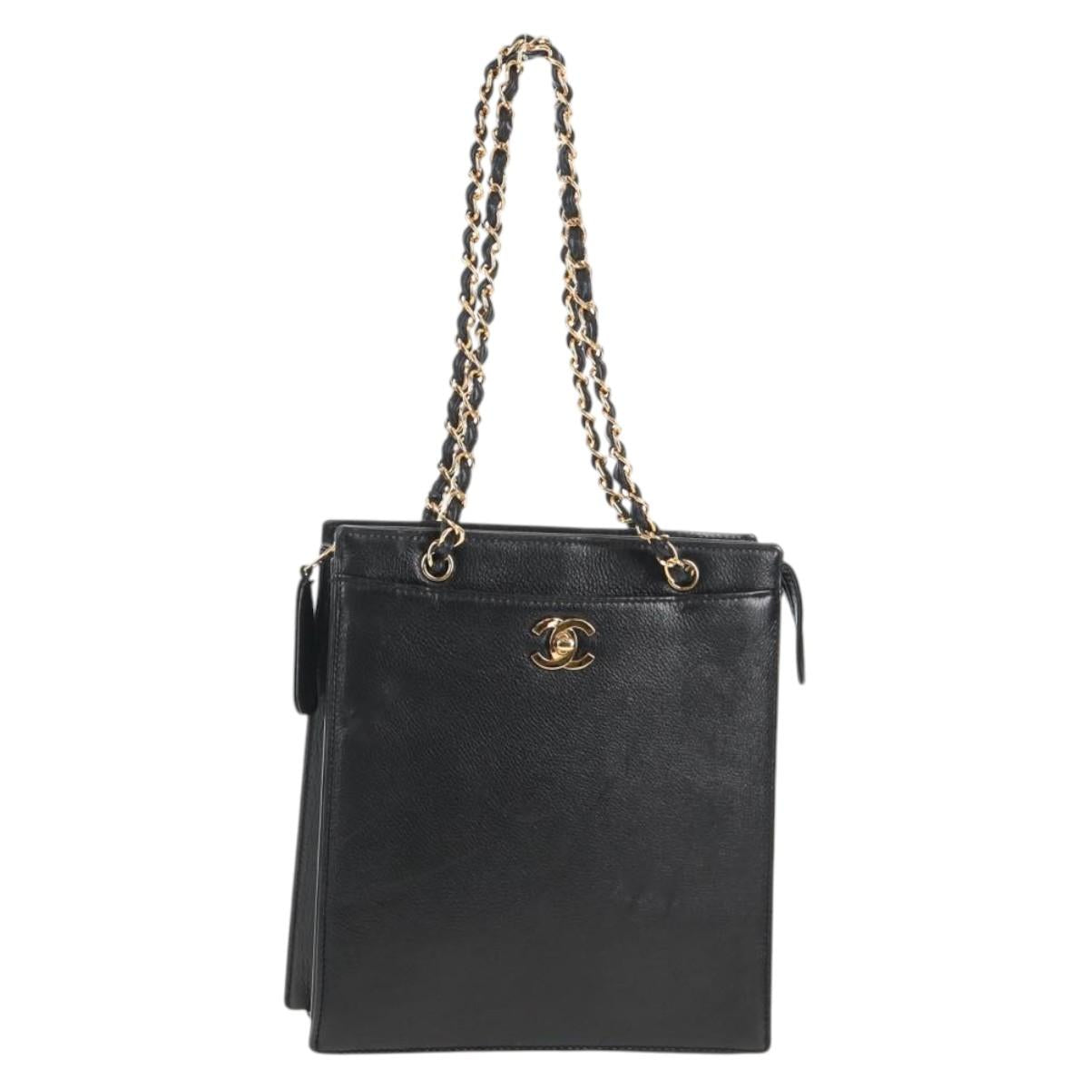 CHANEL Chain Hand Bag Caviar Skin Black Gold CC Auth 143812V