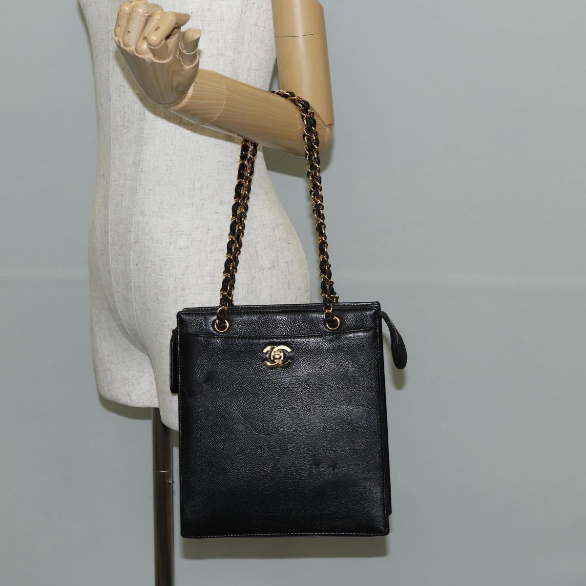 CHANEL Chain Hand Bag Caviar Skin Black Gold CC Auth 143812V
