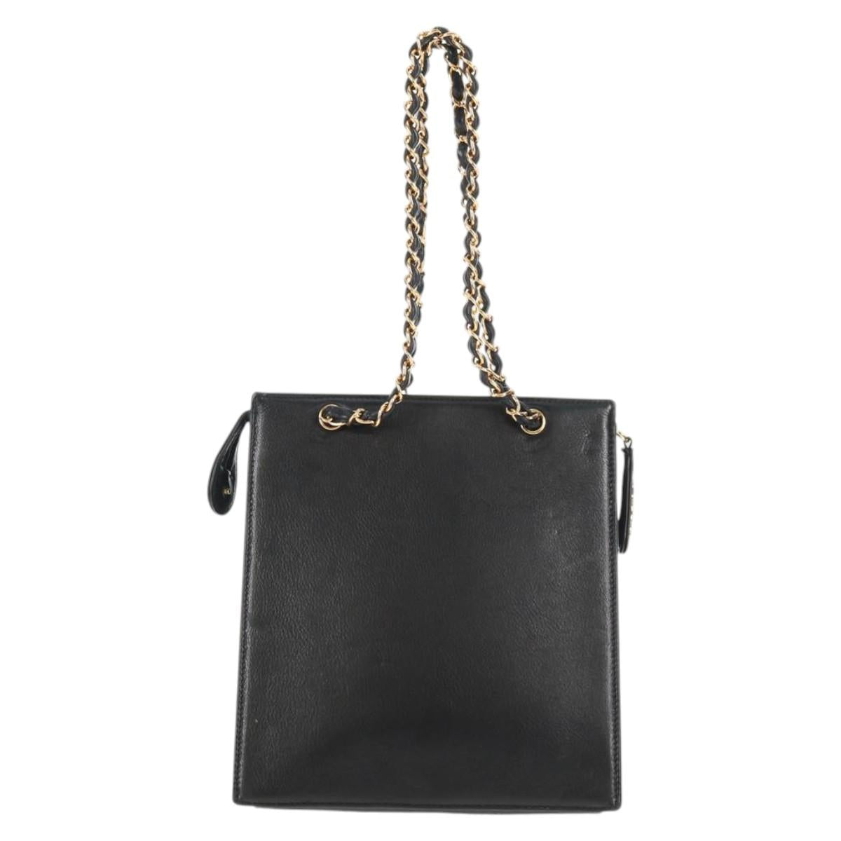 CHANEL Chain Hand Bag Caviar Skin Black Gold CC Auth 143812V