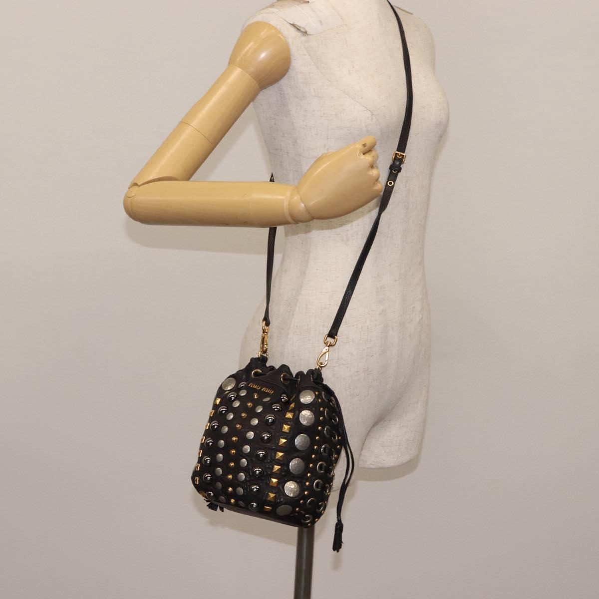 Miu Miu Studs Shoulder Bag Leather Black Gold Silver Auth 143830