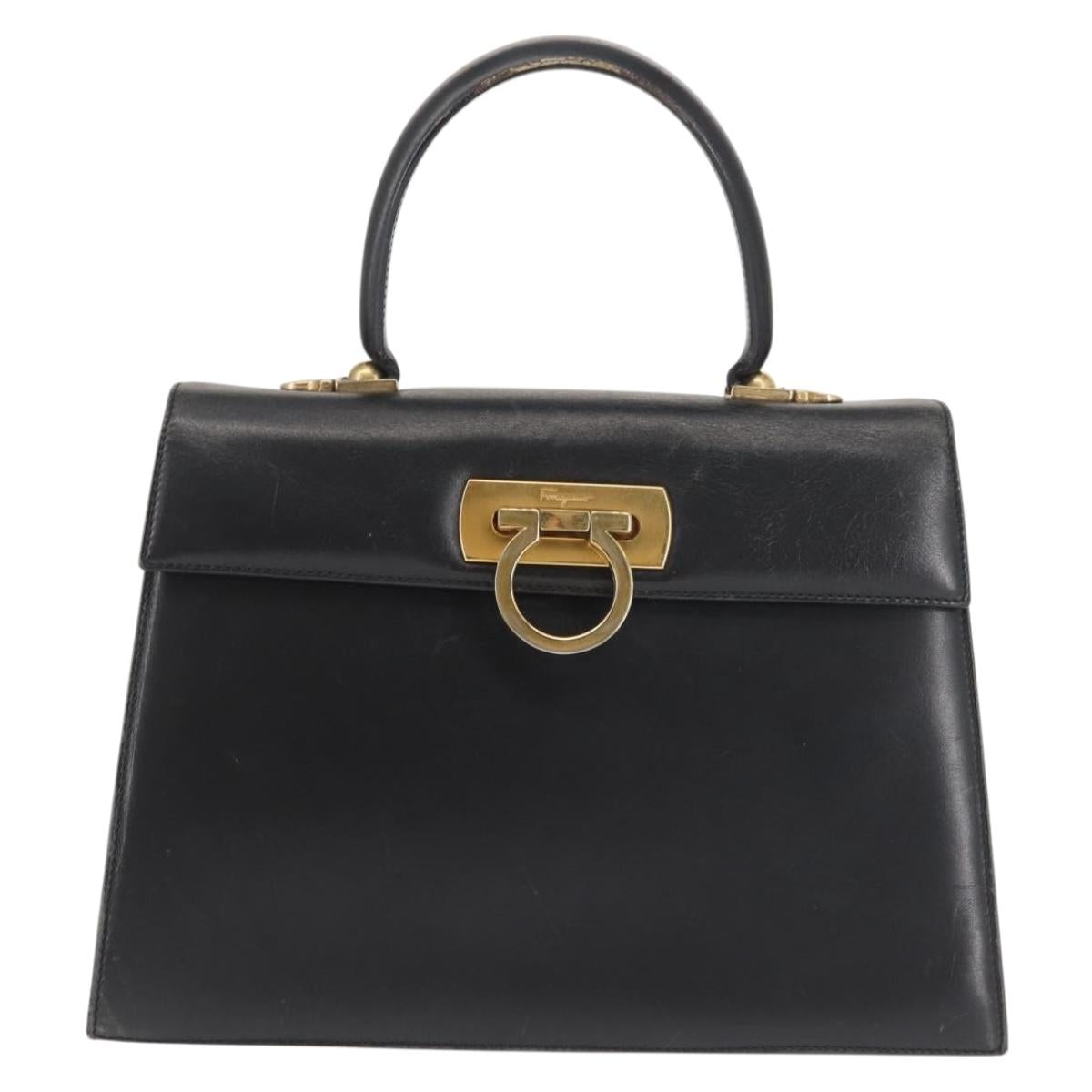 Salvatore Ferragamo Gancini Hand Bag Leather Black Gold Auth 143967
