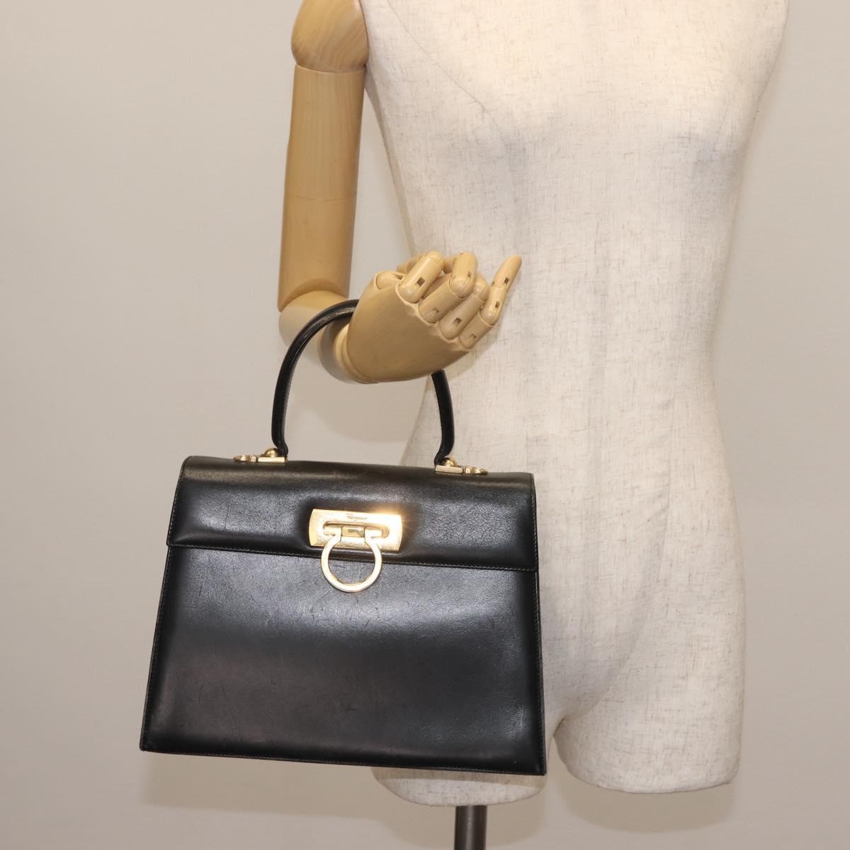 Salvatore Ferragamo Gancini Hand Bag Leather Black Gold Auth 143967