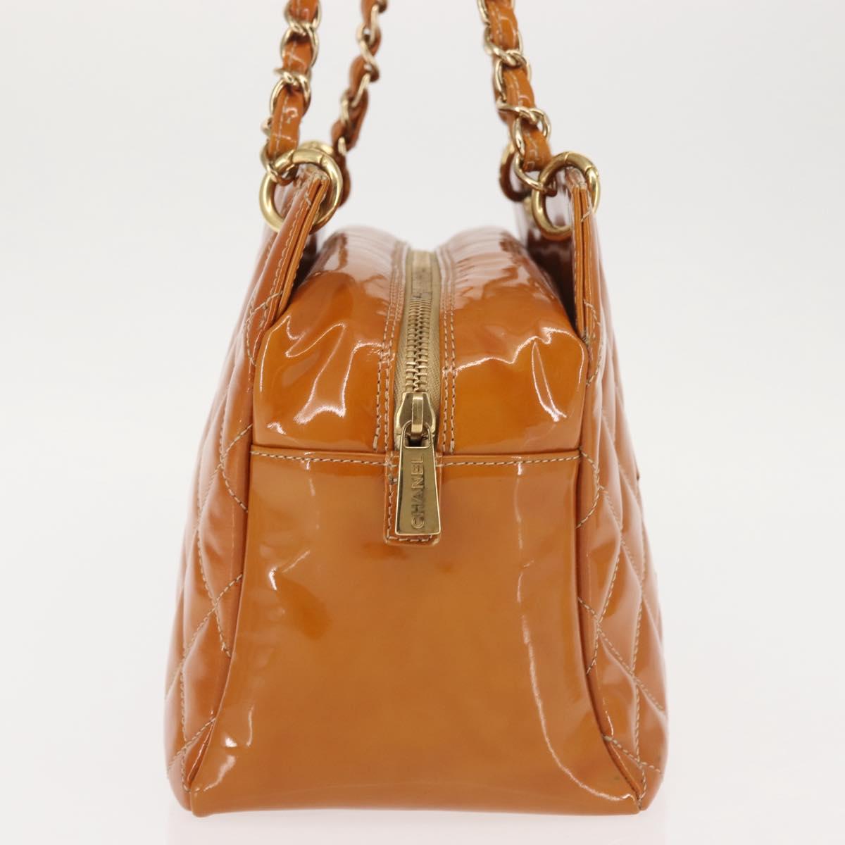 CHANEL Matelasse Chain Shoulder Bag Patent leather Beige Gold CC Auth 143975