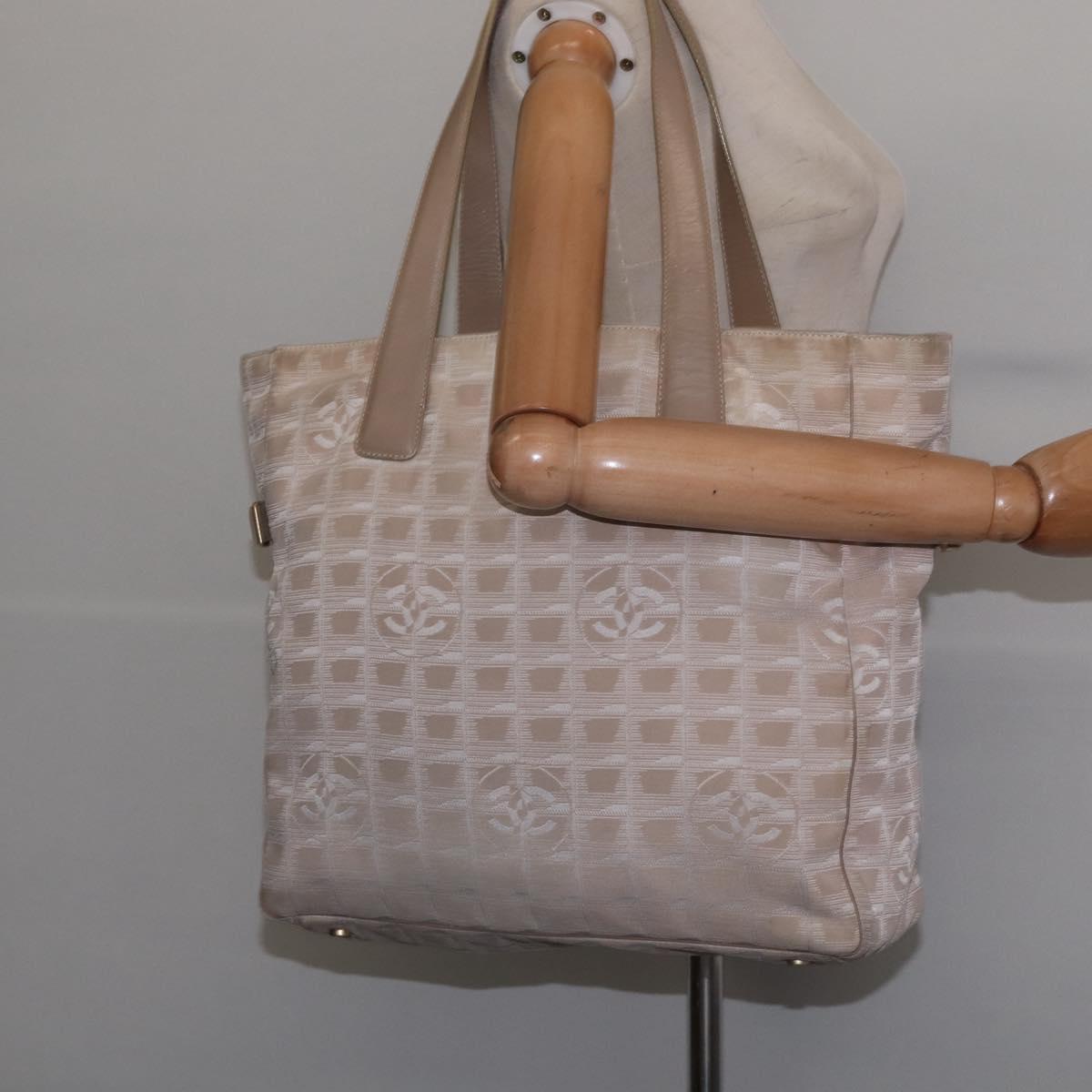 CHANEL New Travel line Tote Bag Nylon Beige Gold CC Auth 143978