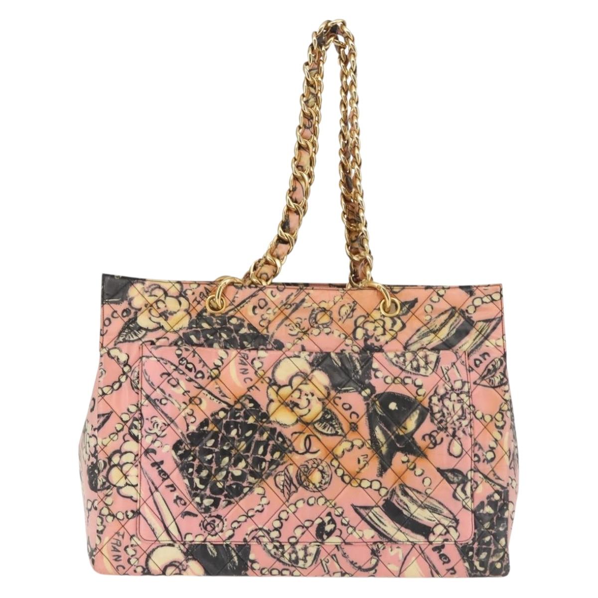 CHANEL Matelasse floral Pattern Chain Bag Coated Canvas Pink Gold CC Auth 143979