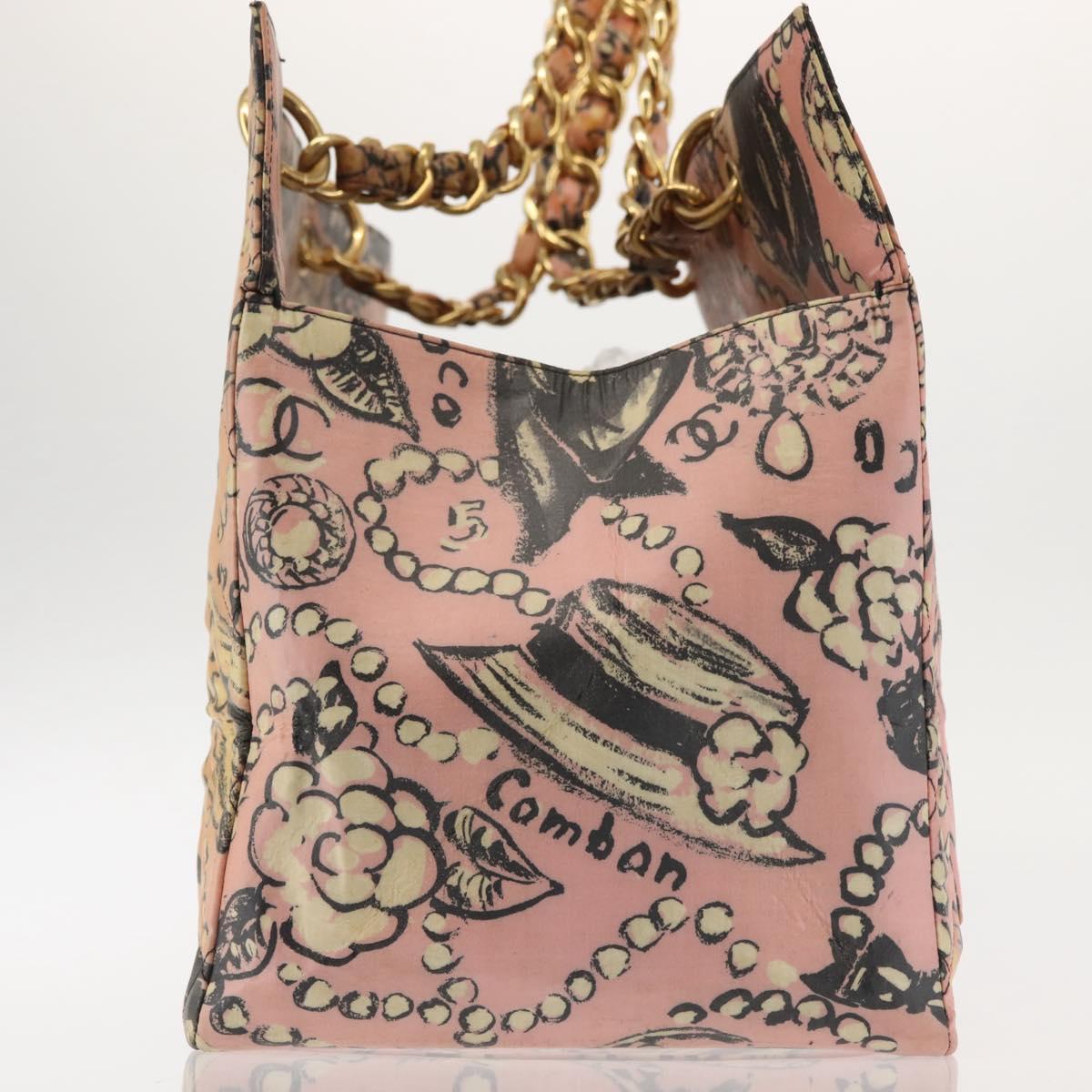 CHANEL Matelasse floral Pattern Chain Bag Coated Canvas Pink Gold CC Auth 143979