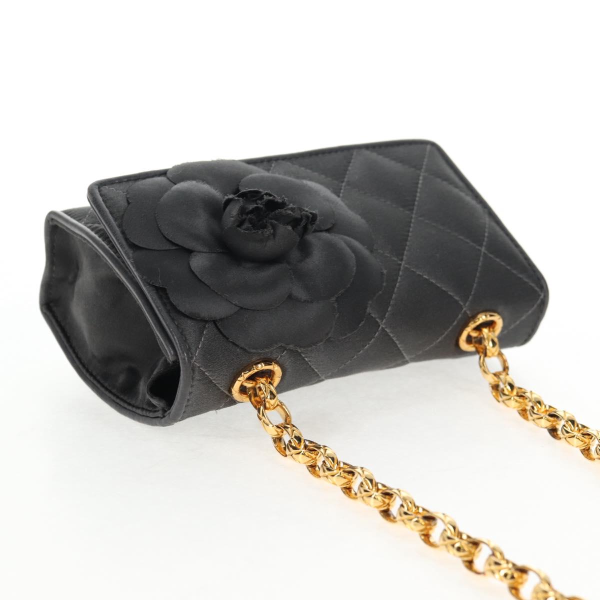 CHANEL Matelasse Camellia Chain Shoulder Bag Satin Gray Gold CC Auth 143981V