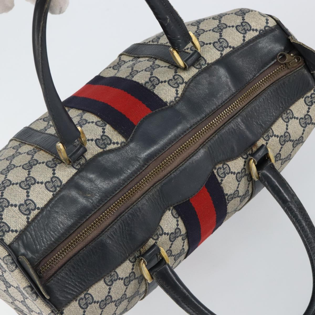 GUCCI GG Supreme Sherry Line Boston Bag PVC Navy Gold Auth 144080