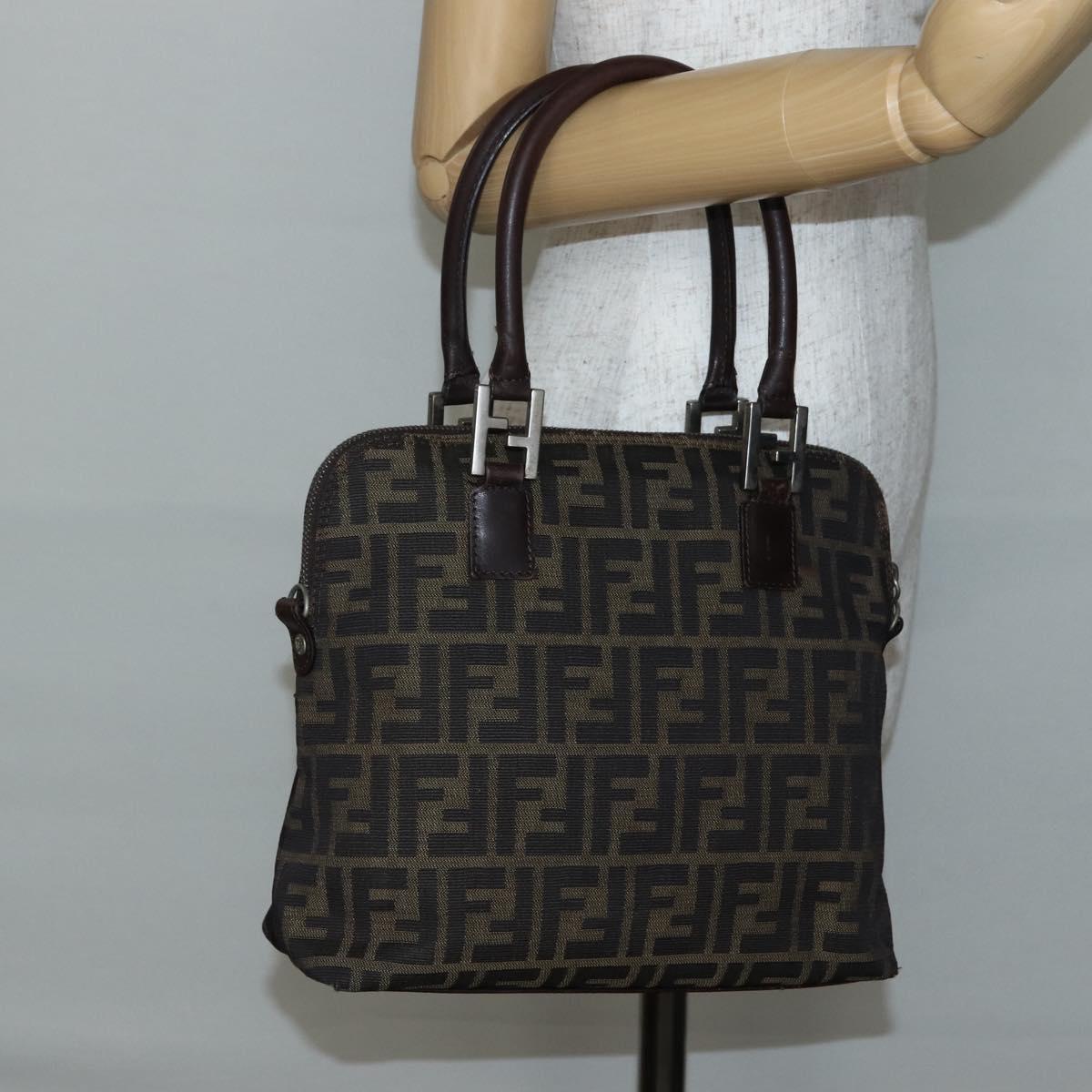 FENDI Zucca Canvas Hand Bag Brown Black Silver Auth 144082
