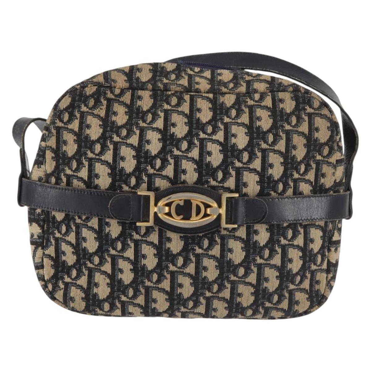 Christian Dior Trotter Canvas Shoulder Bag Navy Gold Auth 144091