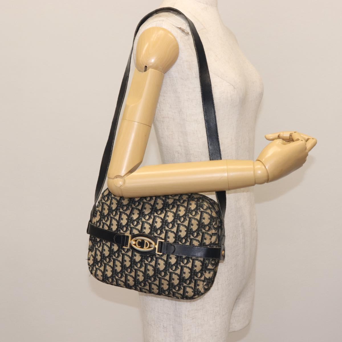 Christian Dior Trotter Canvas Shoulder Bag Navy Gold Auth 144091