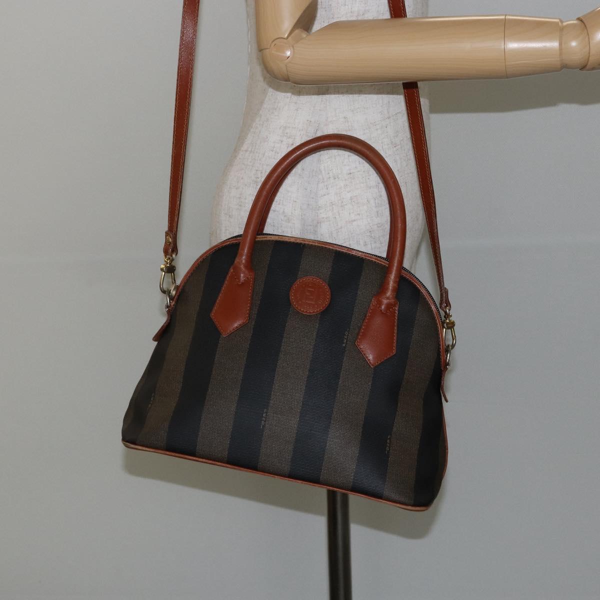 FENDI Pecan Canvas Hand Bag PVC 2way Black Brown Auth 144125