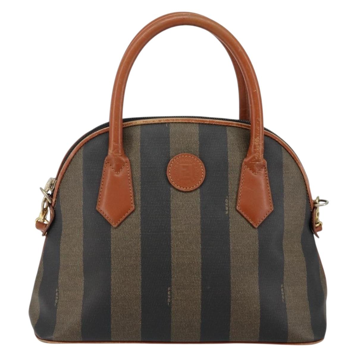 FENDI Pecan Canvas Hand Bag PVC 2way Black Brown Auth 144125