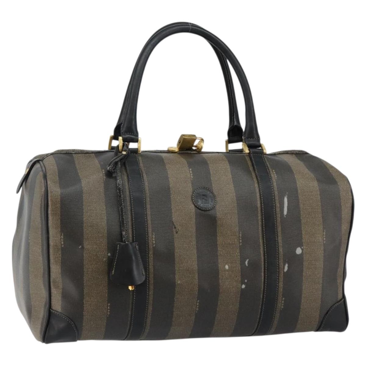 FENDI Pecan Canvas Boston Bag PVC Black Brown Auth 144142