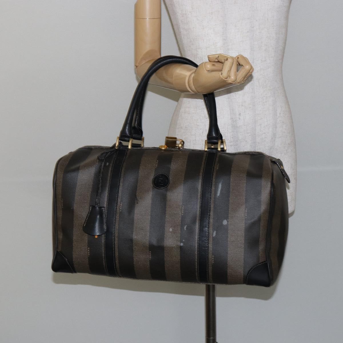 FENDI Pecan Canvas Boston Bag PVC Black Brown Auth 144142