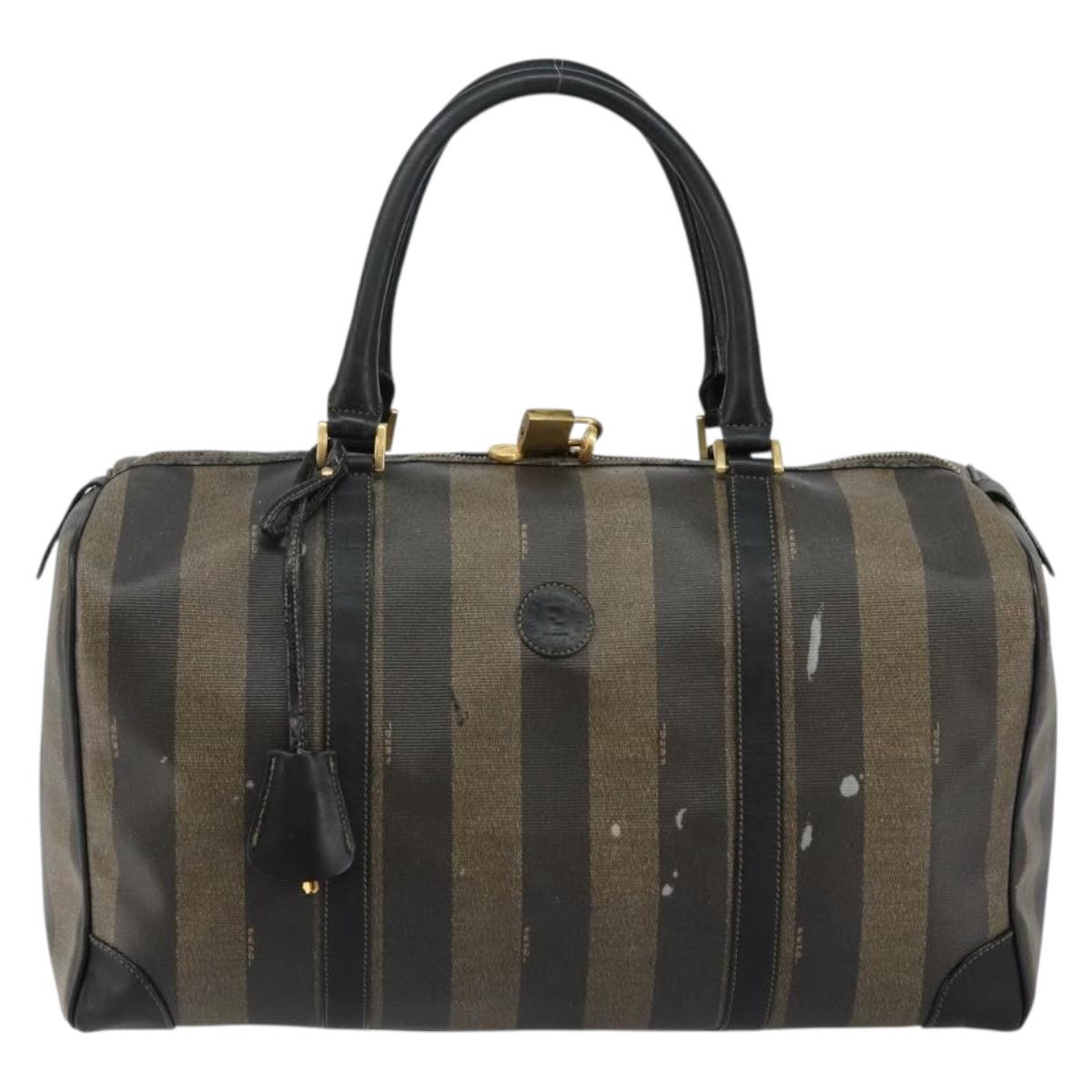 FENDI Pecan Canvas Boston Bag PVC Black Brown Auth 144142