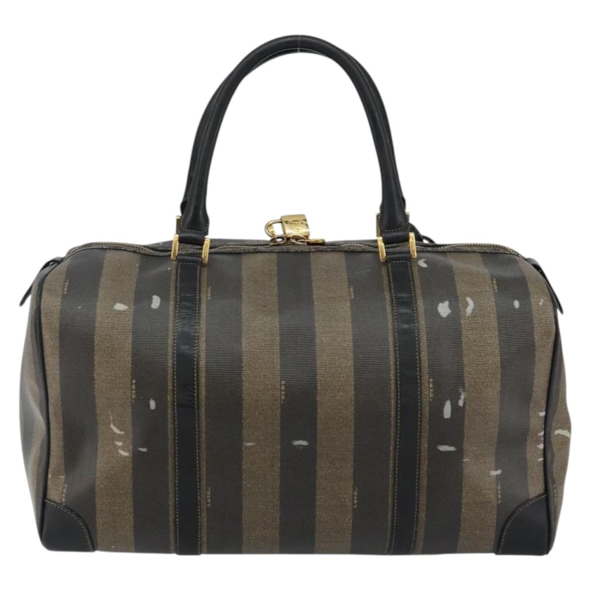 FENDI Pecan Canvas Boston Bag PVC Black Brown Auth 144142