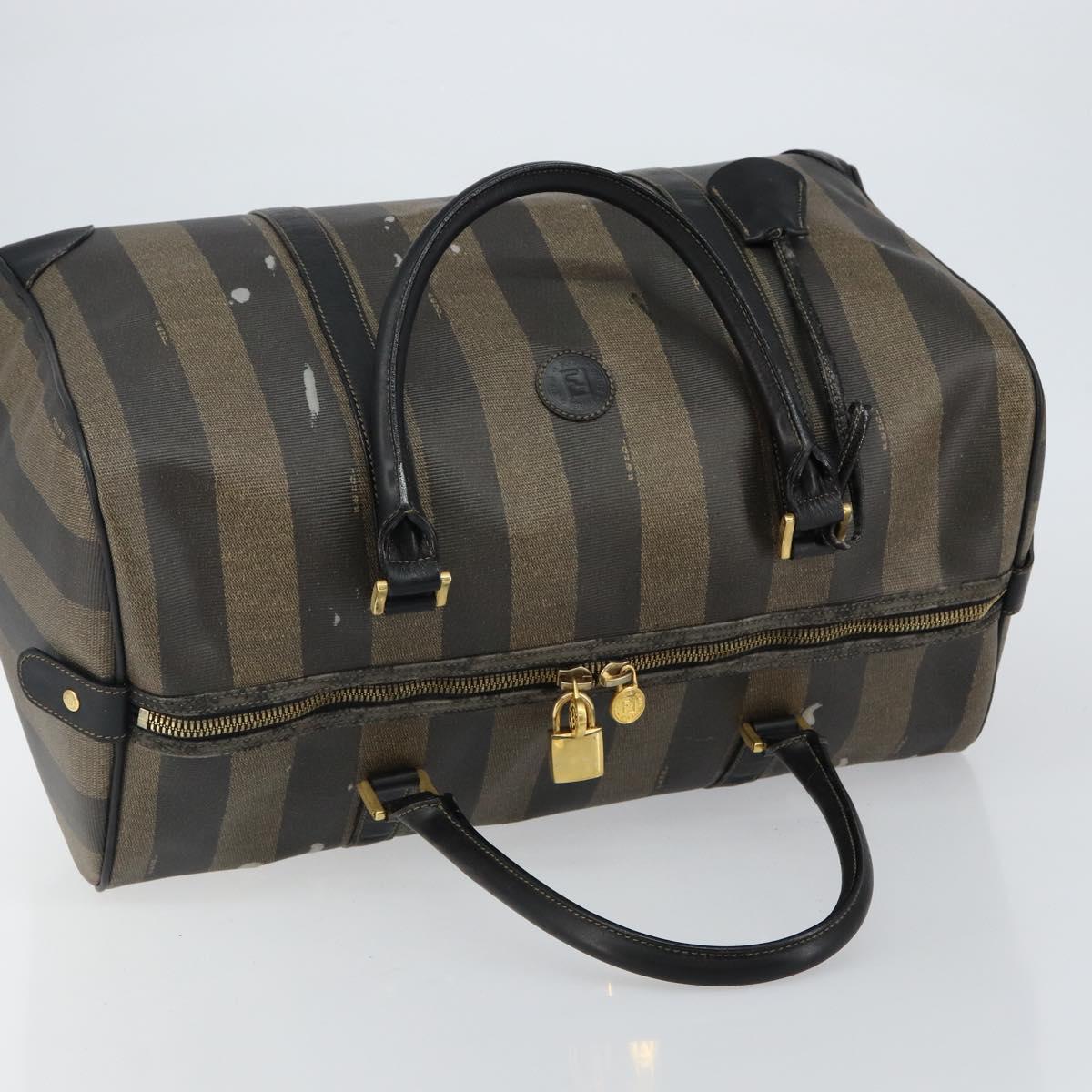 FENDI Pecan Canvas Boston Bag PVC Black Brown Auth 144142