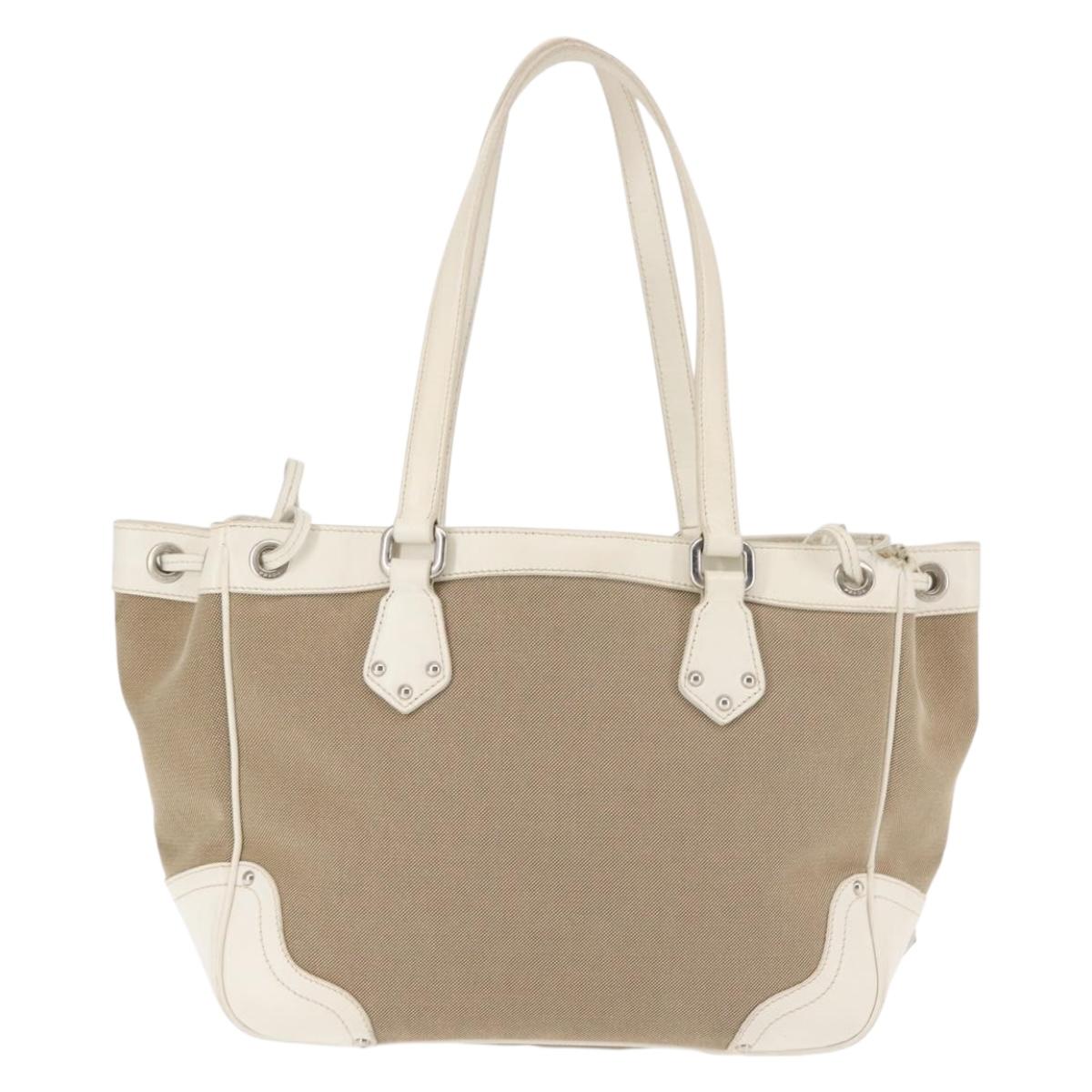PRADA Tote Bag Canvas Leather Beige Silver Auth 144180