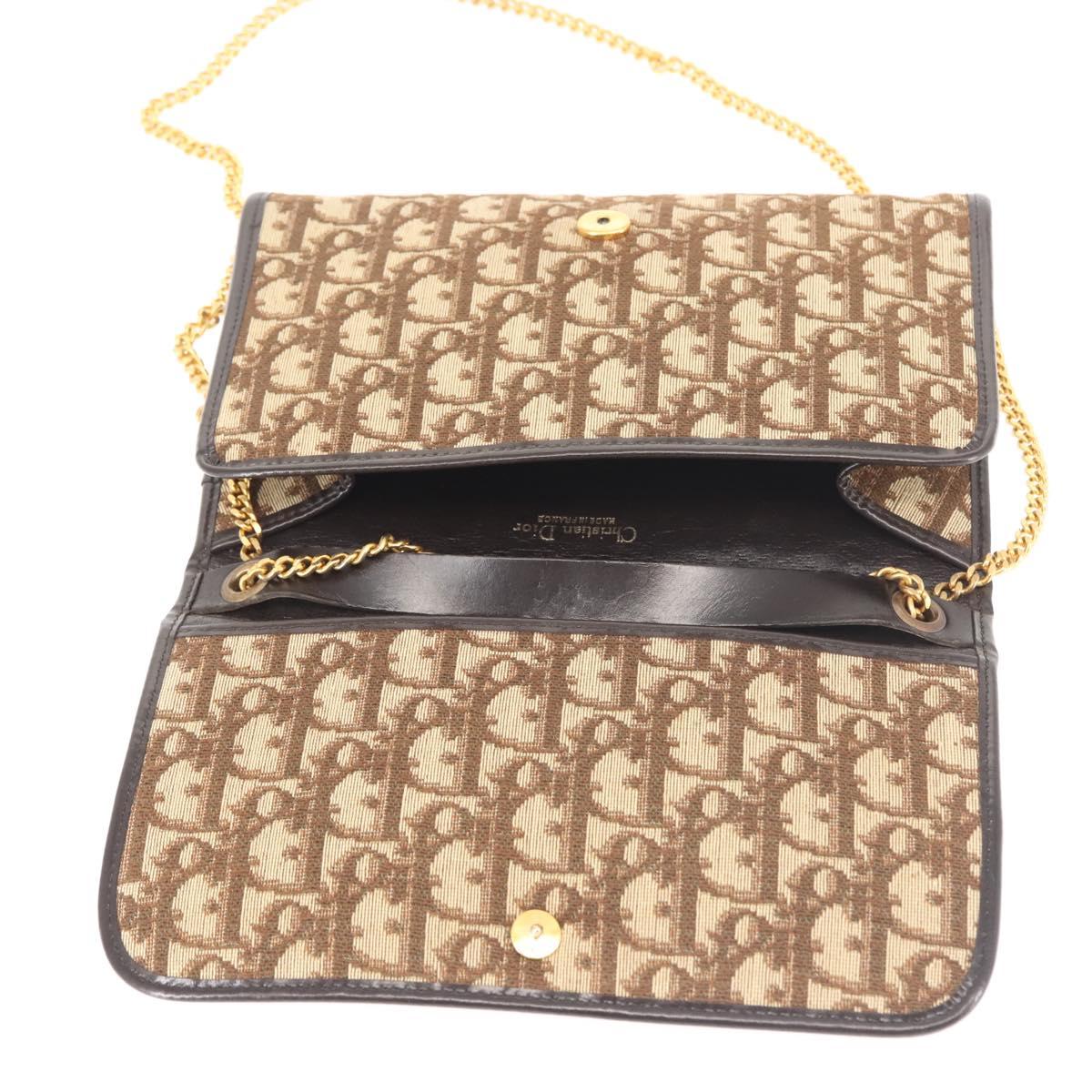 Christian Dior Trotter Canvas Chain Shoulder Bag Brown Gold Auth 144207