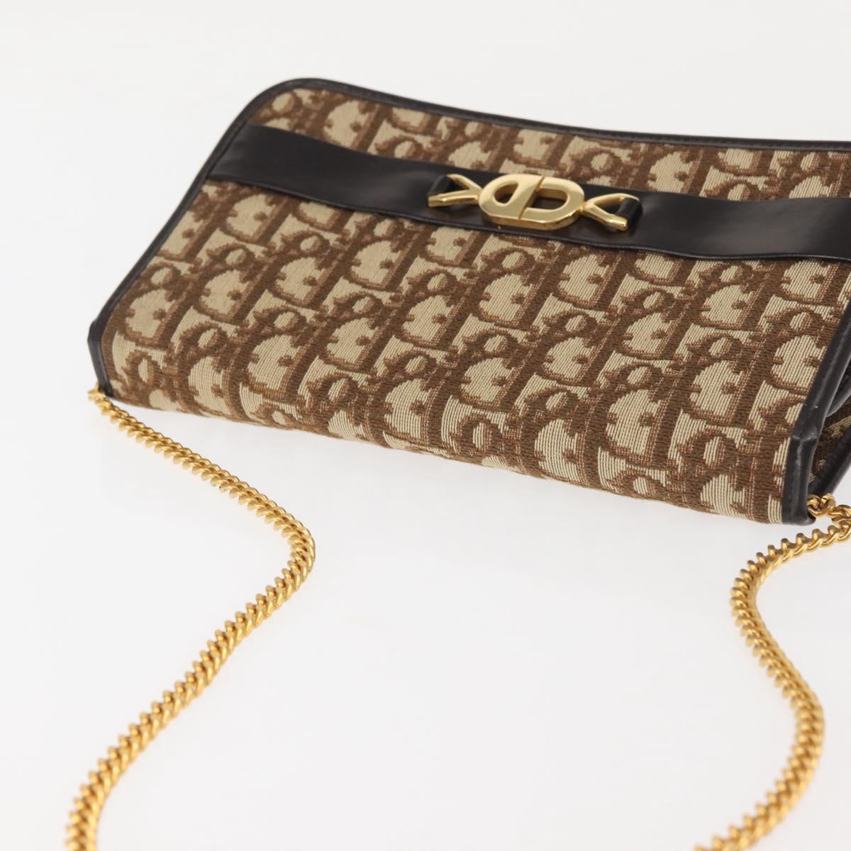 Christian Dior Trotter Canvas Chain Shoulder Bag Brown Gold Auth 144207