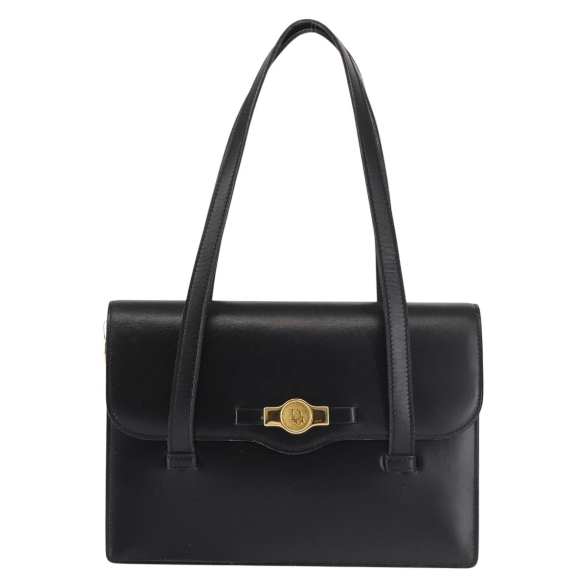 Christian Dior Hand Bag Leather Black Gold Auth 144209